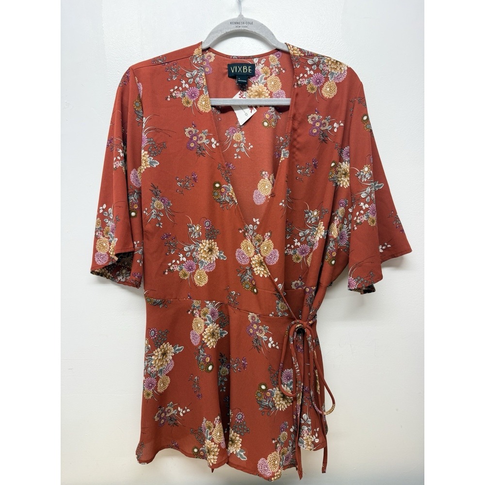 Vixbe Floral Wrap Romper Women's 1X Rust Boho Kimono Sleeve Tie Waist #57